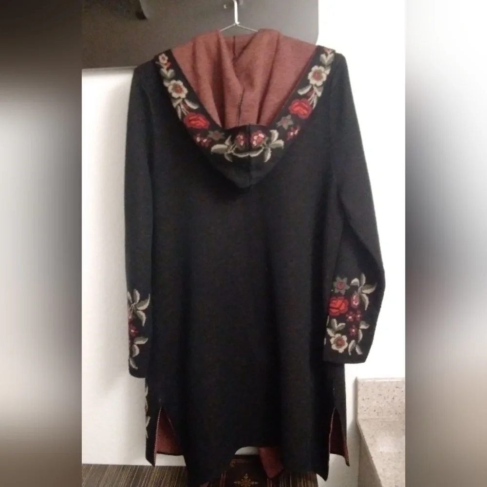 BCBG max sport lack floral duster wool blend large pockets hood open sweater - Picture 5 of 5